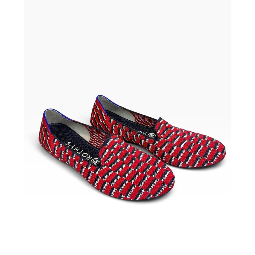 Rothys The Loafer Red Grey White Checkered Knit Flats Shoes Womens 8.5